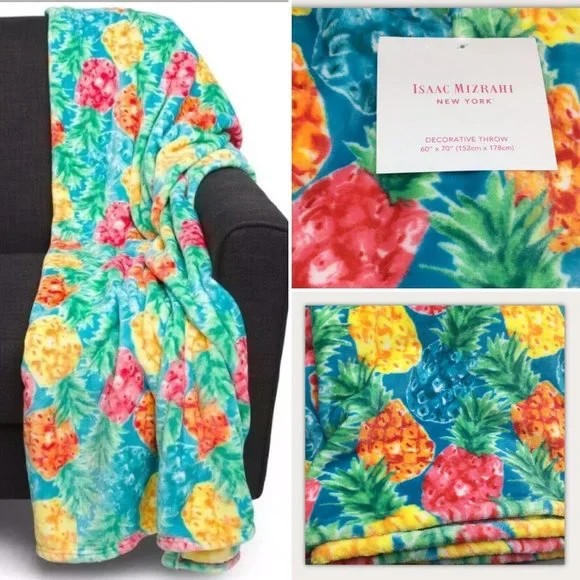 Isaac Mizrahi Colorful Tossed Pineapple Throw Blanket Tropical Blue Pink Green - Picture 2 of 9